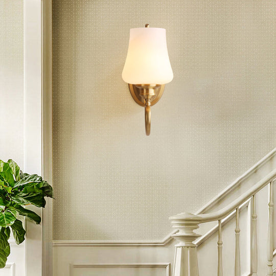 Colonial White Glass Conical Wall Mounted Light With Brass Finish For Living Room Décor