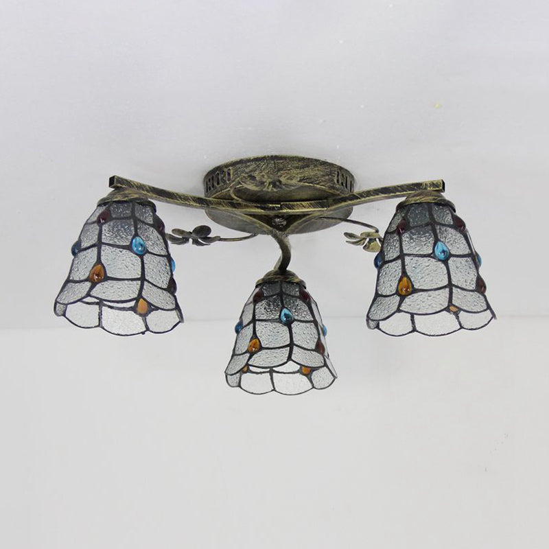 Vintage Stained Glass Ceiling Light - Conic Flushmount with Art Pattern, 3 Lights