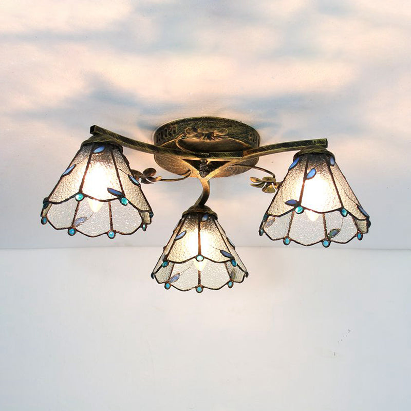 Vintage Stained Glass Ceiling Light - Conic Flushmount with Art Pattern, 3 Lights