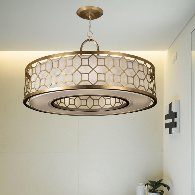 Drum style 3-Light Chandelier Brass Hanging Ceiling Lamp in Gold