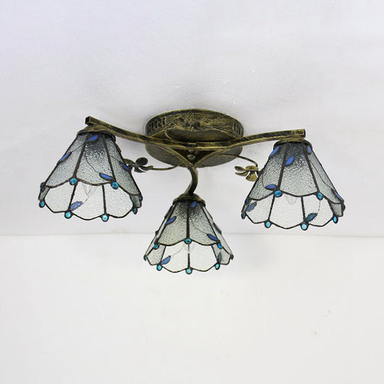 Vintage Stained Glass Ceiling Light - Conic Flushmount with Art Pattern, 3 Lights