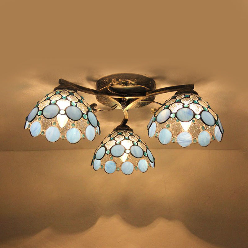 Vintage Stained Glass Ceiling Light - Conic Flushmount With Art Pattern 3 Lights Antique Bronze /