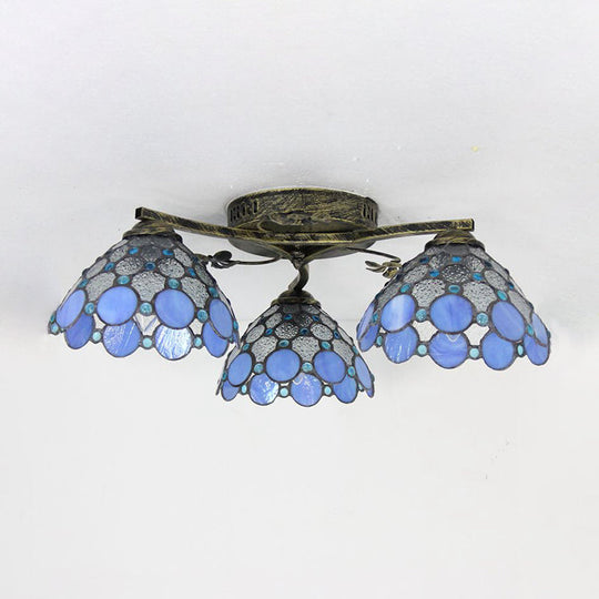 Vintage Stained Glass Ceiling Light - Conic Flushmount with Art Pattern, 3 Lights