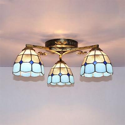 Vintage Stained Glass Ceiling Light - Conic Flushmount with Art Pattern, 3 Lights