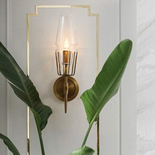 Colonial Clear Glass Brass Wall Sconce Cone 1/2-Light For Living Room