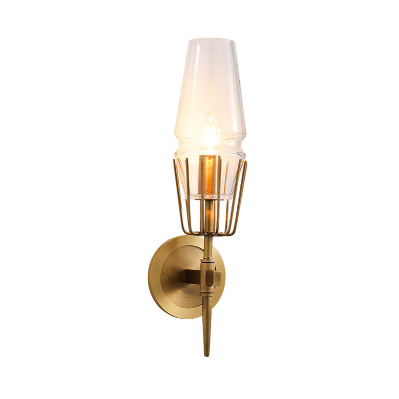 Colonial Clear Glass Brass Wall Sconce Cone 1/2-Light For Living Room