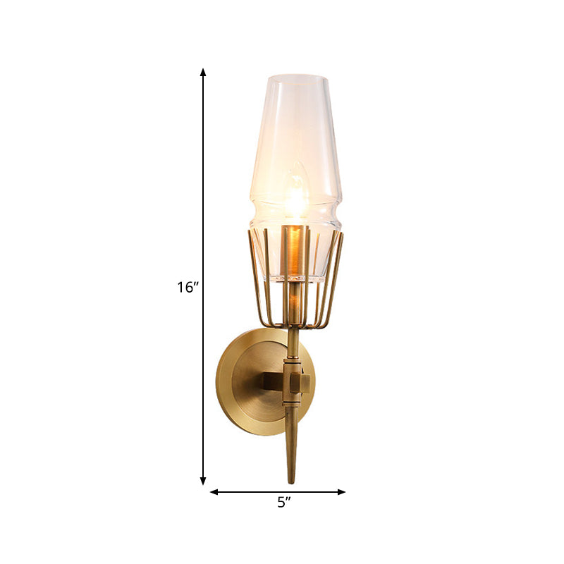 Colonial Clear Glass Brass Wall Sconce Cone 1/2-Light For Living Room