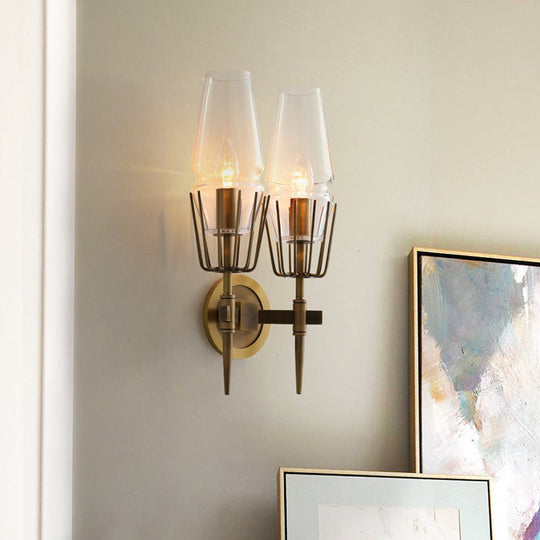 Colonial Clear Glass Brass Wall Sconce Cone 1/2-Light For Living Room