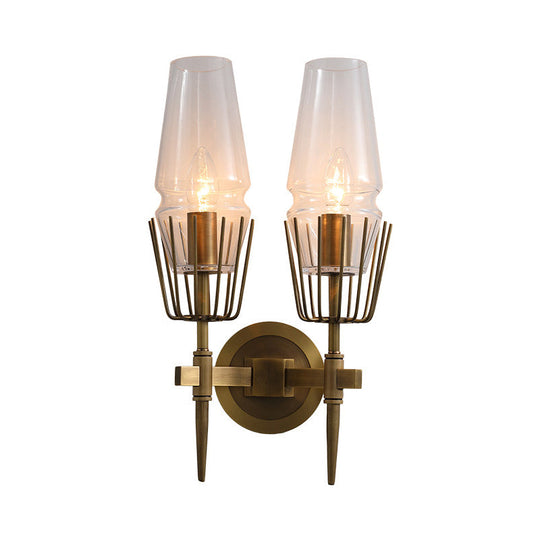 Colonial Clear Glass Brass Wall Sconce Cone 1/2-Light For Living Room