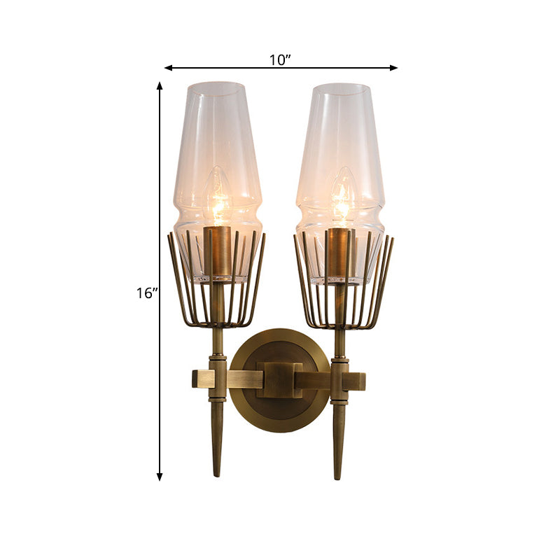 Colonial Clear Glass Brass Wall Sconce Cone 1/2-Light For Living Room