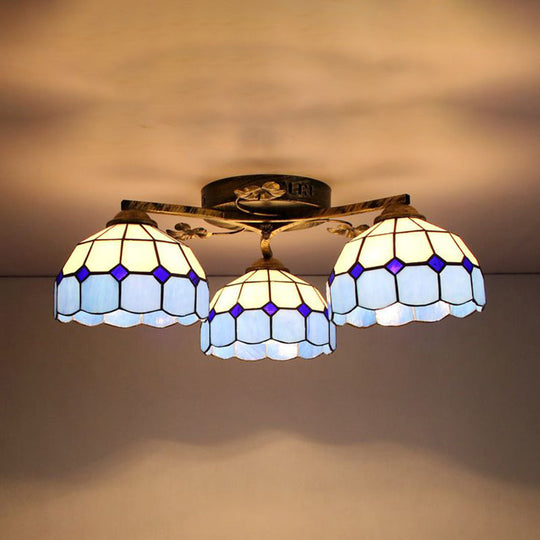 Vintage Stained Glass Ceiling Light - Conic Flushmount With Art Pattern 3 Lights Antique Bronze /