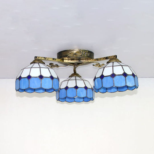 Vintage Stained Glass Ceiling Light - Conic Flushmount With Art Pattern 3 Lights