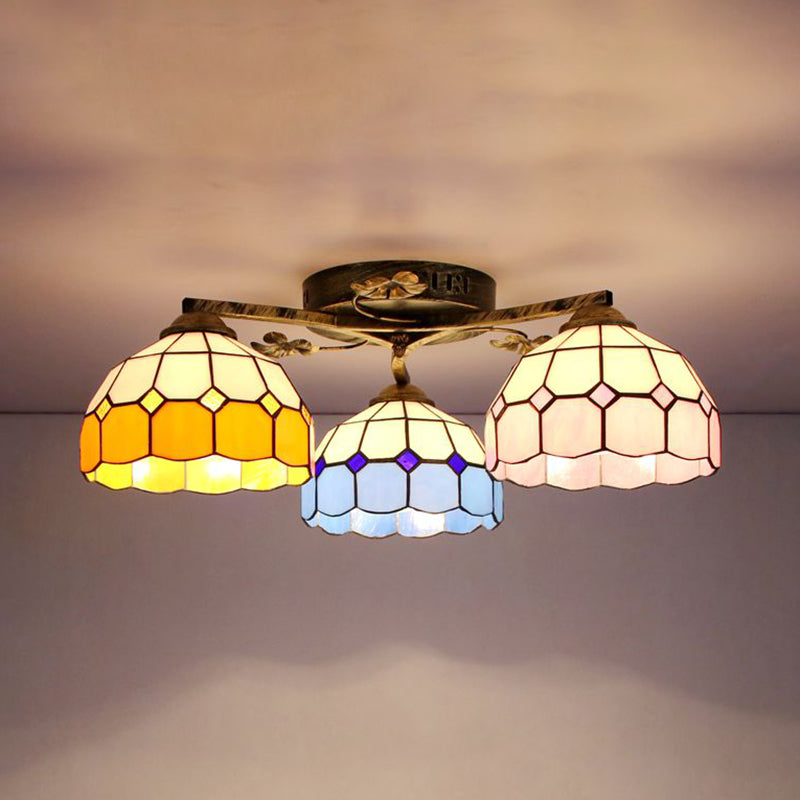 Vintage Stained Glass Ceiling Light - Conic Flushmount with Art Pattern, 3 Lights