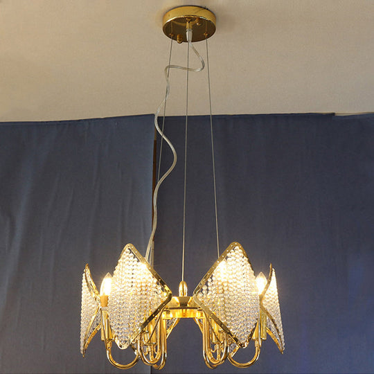 Lustre à paillettes dorées avec perles en cristal - Plafonnier métallique moderne (6 lumières)