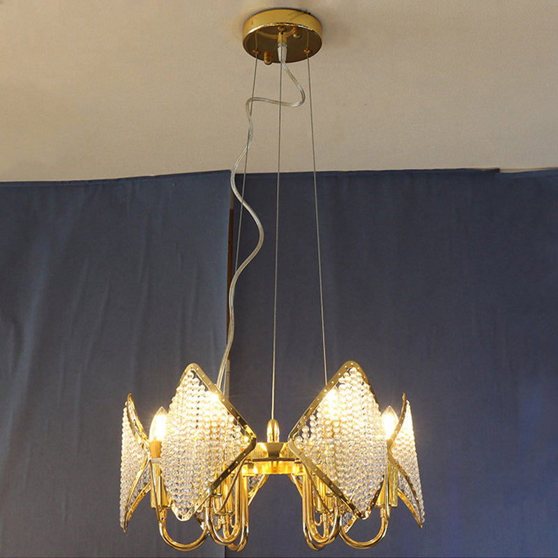 Modern Golden Flaky Chandelier Pendant - 6-Light Metallic Ceiling Lamp With Crystal Beads