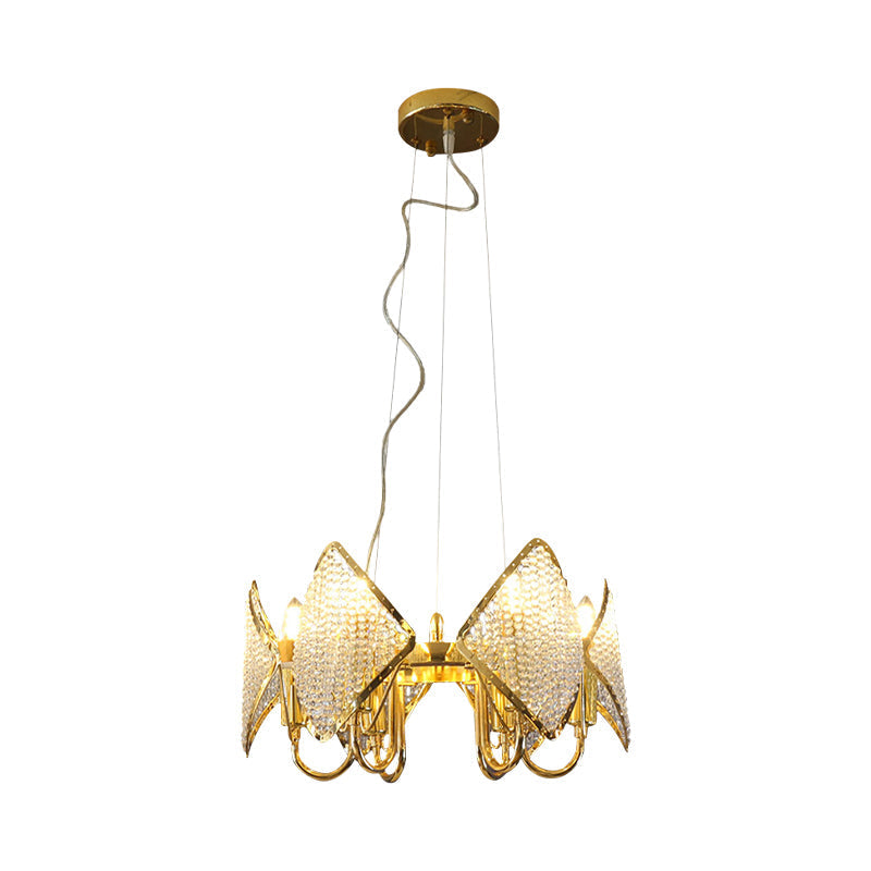 Lustre à paillettes dorées avec perles en cristal - Plafonnier métallique moderne (6 lumières)