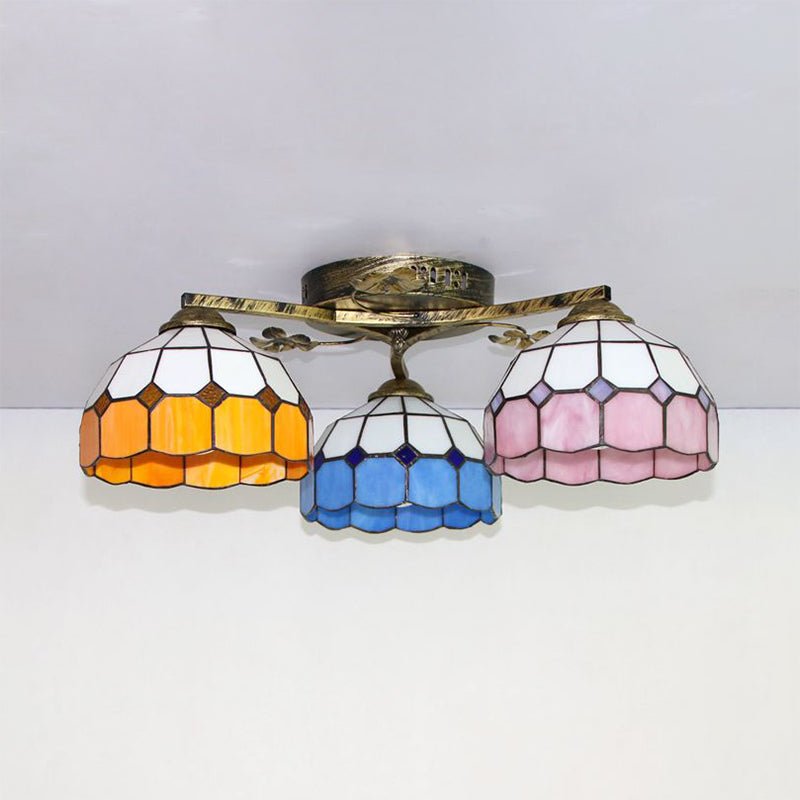 Vintage Stained Glass Ceiling Light - Conic Flushmount with Art Pattern, 3 Lights