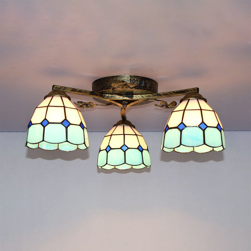 Vintage Stained Glass Ceiling Light - Conic Flushmount with Art Pattern, 3 Lights