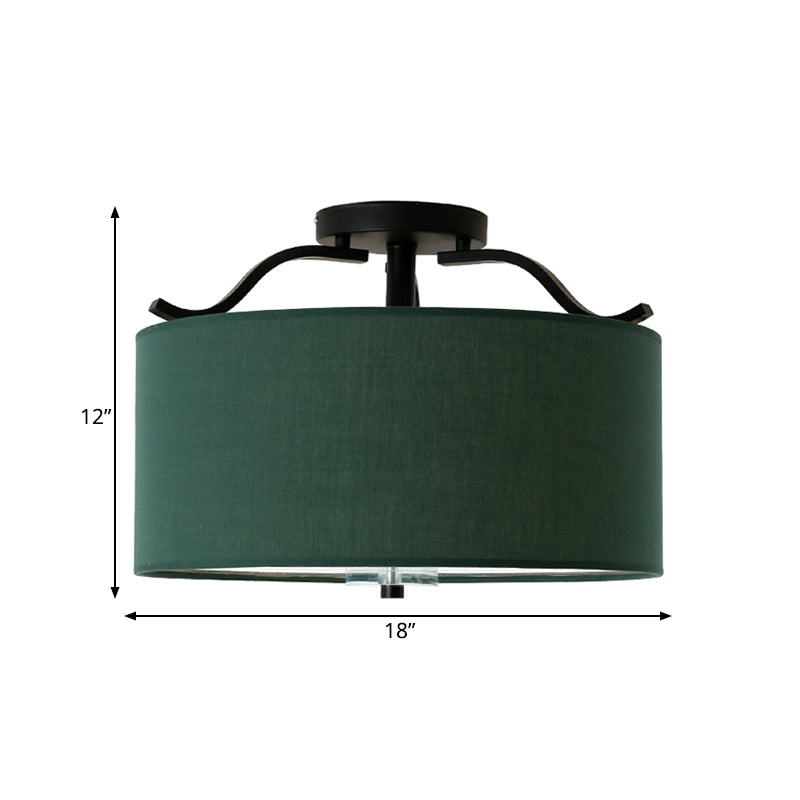 Farmhouse Green Round Bedroom Ceiling Light Fixture - 16/18/19.5 Dia 3-Light Fabric Semi Flush