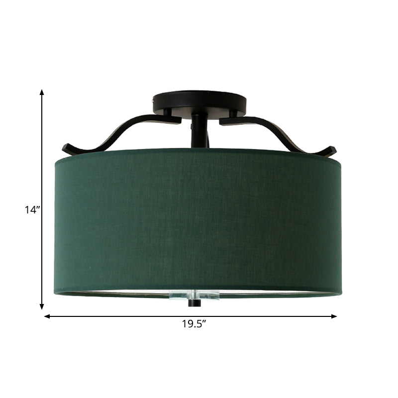 Farmhouse Green Round Bedroom Ceiling Light Fixture - 16"/18"/19.5" Dia - 3-Light Fabric Semi Flush