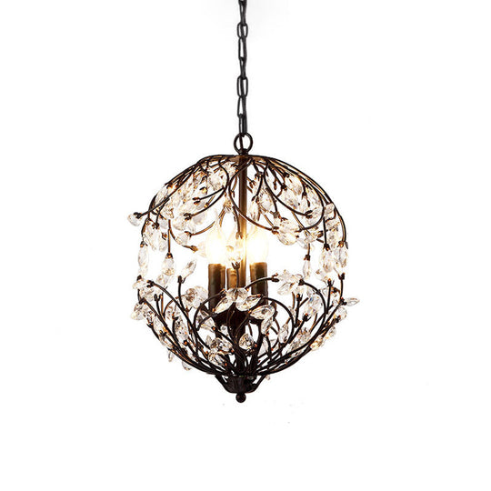 Lustre suspendu en forme de sphère florale : lampe traditionnelle en fer noir/bronze à 3 lumières avec accent en cristal