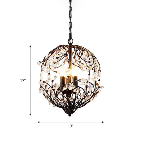 Lustre suspendu en forme de sphère florale : lampe traditionnelle en fer noir/bronze à 3 lumières avec accent en cristal