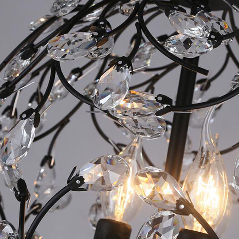 Floral Sphere Hanging Chandelier - Traditional 3-Light Black/Bronze Iron Lamp With Crystal Accent