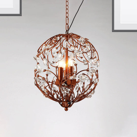 Lustre suspendu en forme de sphère florale : lampe traditionnelle en fer noir/bronze à 3 lumières avec accent en cristal