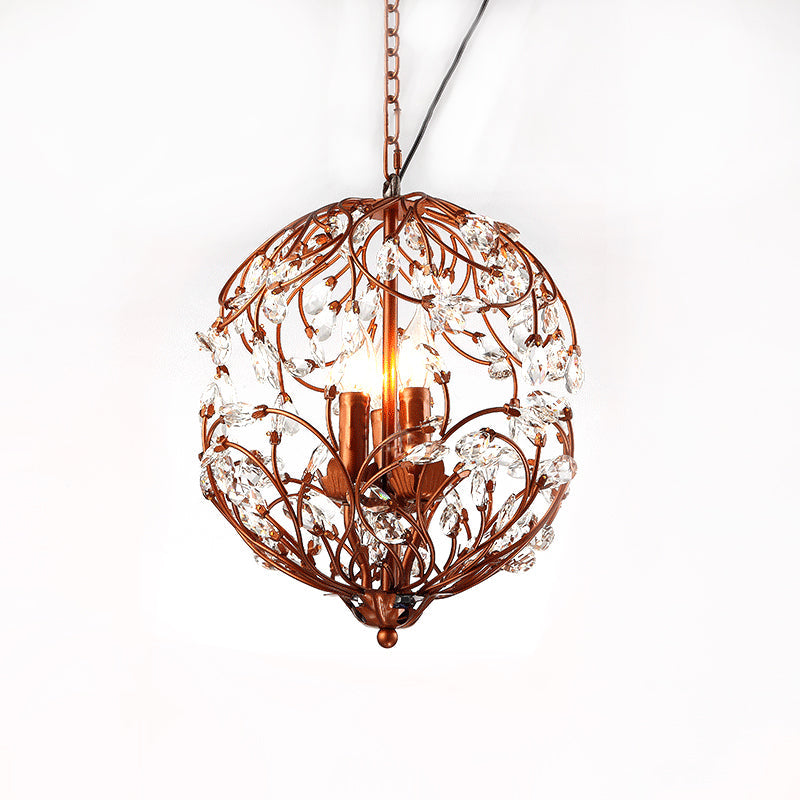 Lustre suspendu en forme de sphère florale : lampe traditionnelle en fer noir/bronze à 3 lumières avec accent en cristal