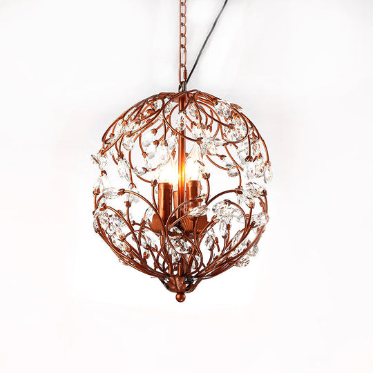 Floral Sphere Hanging Chandelier - Traditional 3-Light Black/Bronze Iron Lamp With Crystal Accent