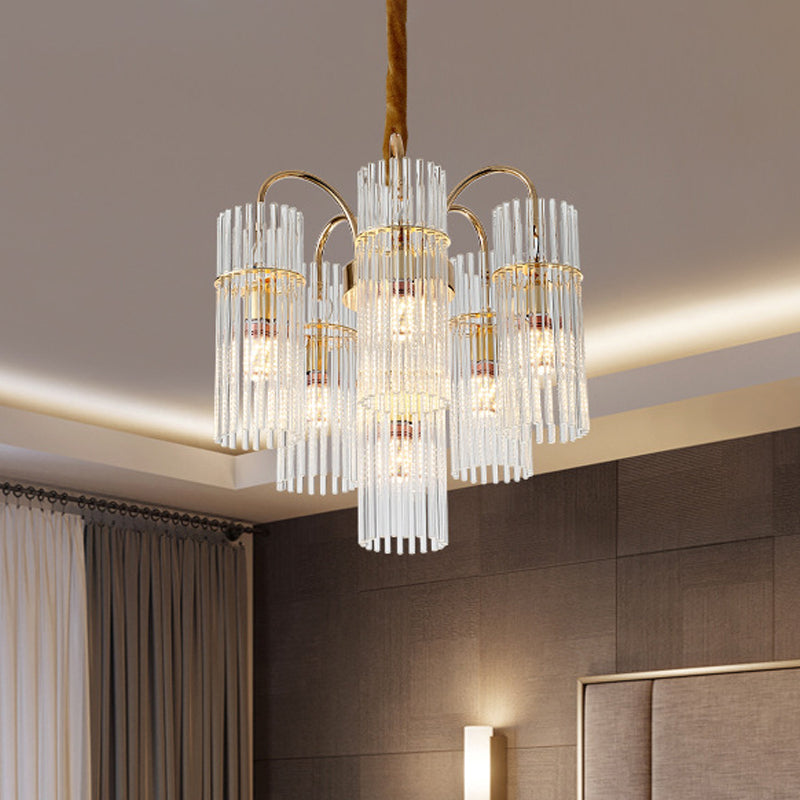 Lustre en cristal cylindrique à plusieurs niveaux doré moderne : suspension de salle à manger à 6 têtes