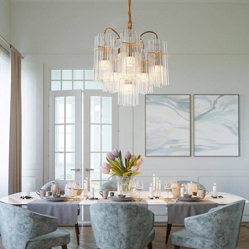 Modern Gold Tiered Cylinder Crystal Chandelier: 6-Head Dining Room Pendant