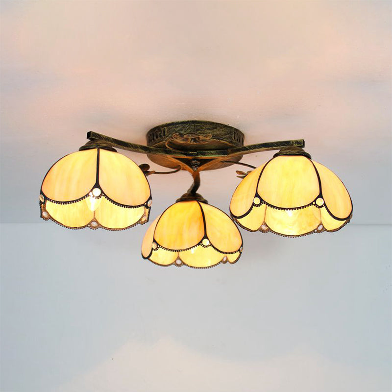 Vintage Stained Glass Ceiling Light - Conic Flushmount with Art Pattern, 3 Lights