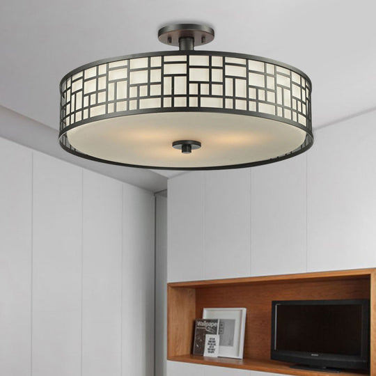 Chinese Style Metallic Semi Flush Mount Lighting, Black Circular Design, 4/3 Lights, 16"/19.5"/23.5" Dia