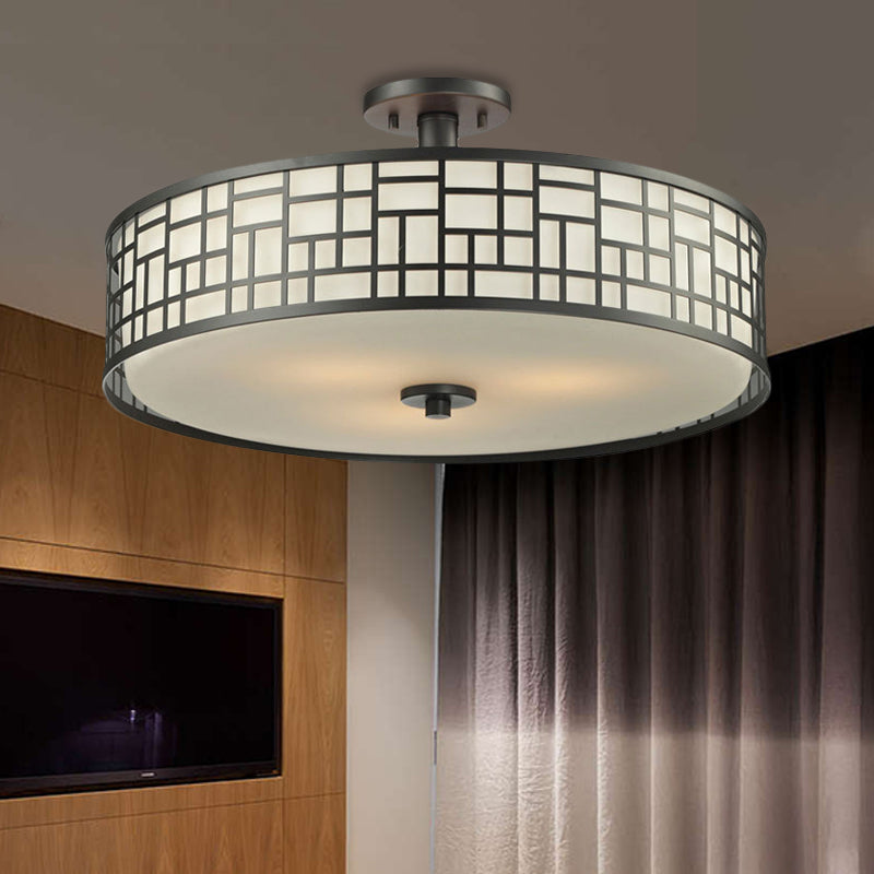 Chinese Style Metallic Semi Flush Mount Lighting, Black Circular Design, 4/3 Lights, 16"/19.5"/23.5" Dia