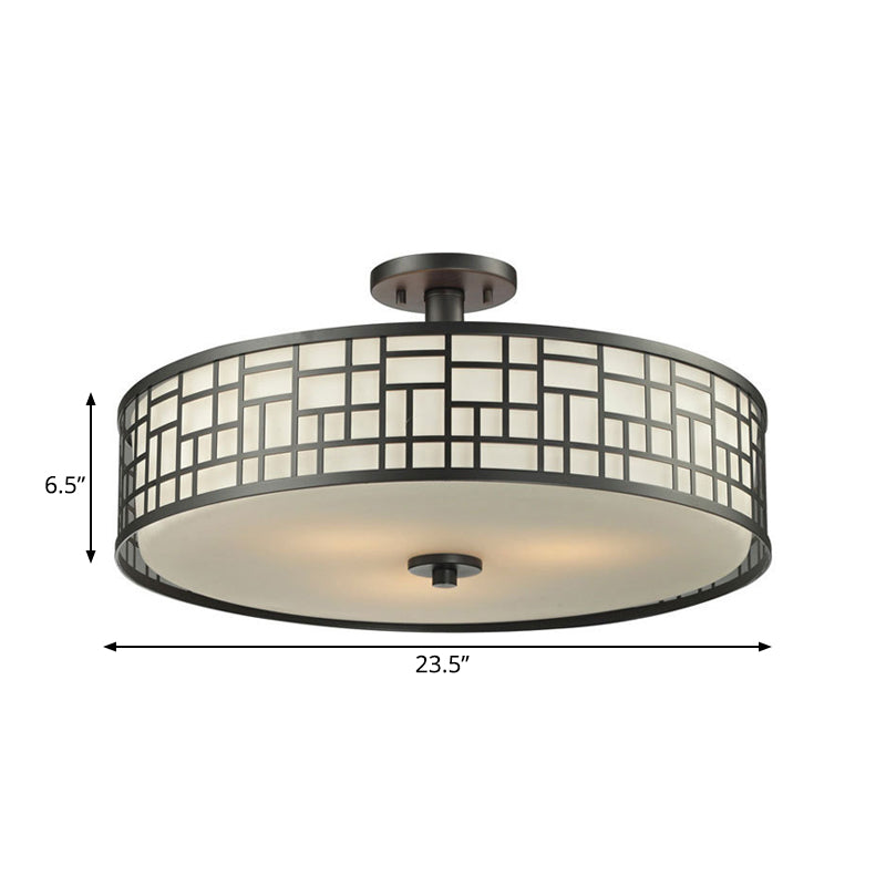 Chinese Style Metallic Semi Flush Mount Lighting, Black Circular Design, 4/3 Lights, 16"/19.5"/23.5" Dia