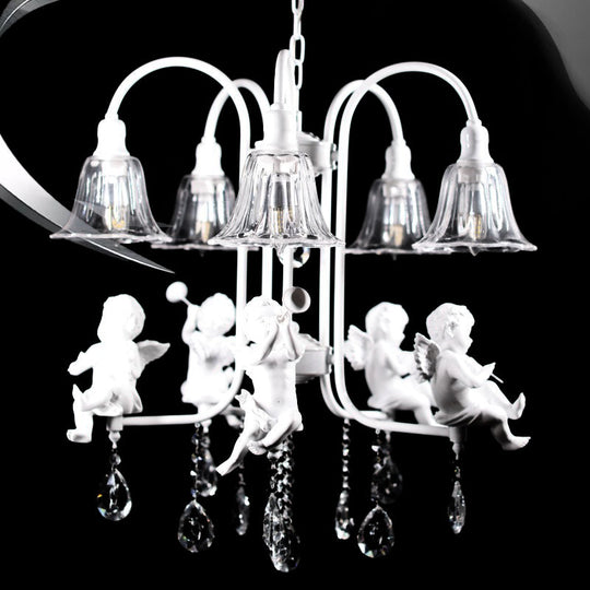 Traditional Flared Chandelier Pendant - 5-Light White Ceiling Light With Angelic Crystal Drops