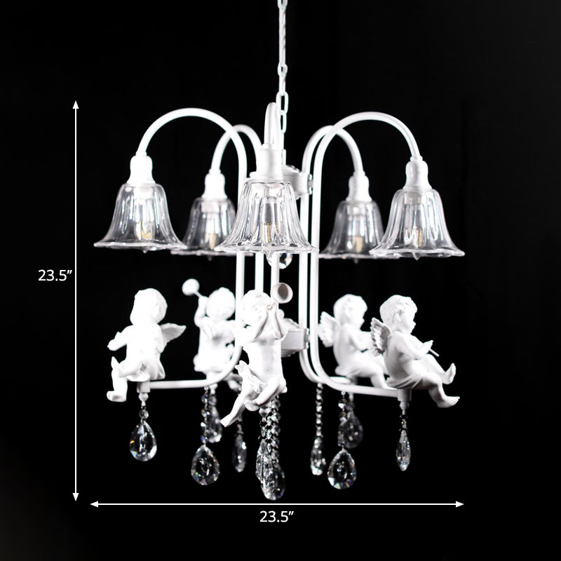 Traditional Flared Chandelier Pendant - 5-Light White Ceiling Light With Angelic Crystal Drops