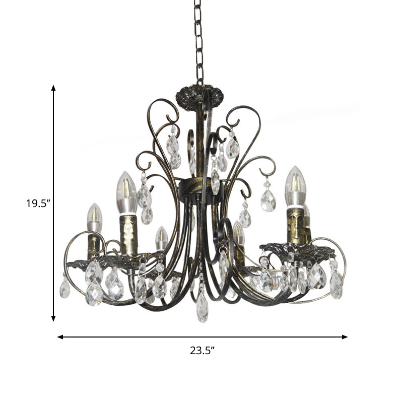 French Style Bronze Curved Candle Chandelier - 6 Light Iron Ceiling Lighting with Crystal Accent