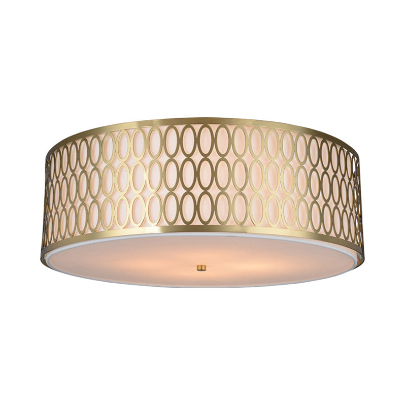 Traditional White Round Ceiling Mounted Lamp With Gold Metal Mesh Frame - 4-Light Fabric Flush Light