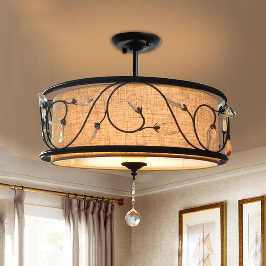 Black Rustic Branch Semi Flush Mount Ceiling Light with Crystal Draping - 4 Lights, 14"/21.5" Dia - Fabric Shade