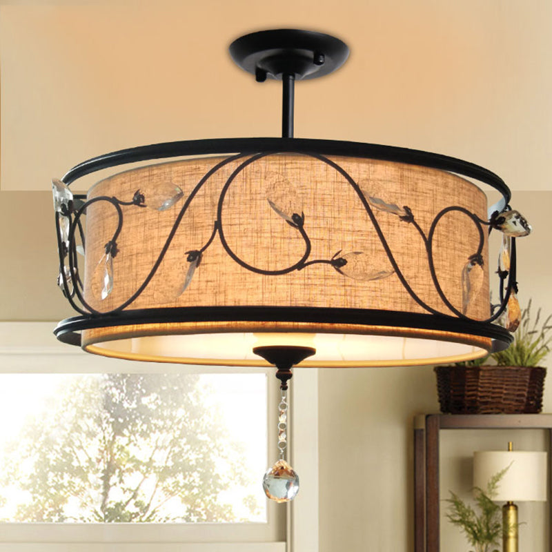 Black Rustic Branch Semi Flush Mount Ceiling Light with Crystal Draping - 4 Lights, 14"/21.5" Dia - Fabric Shade