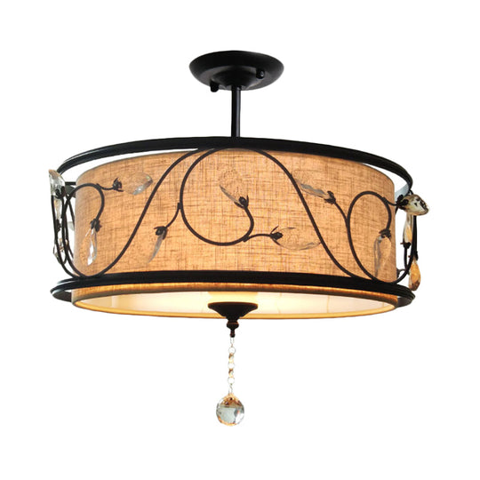 Black Rustic Branch Semi Flush Mount Ceiling Light with Crystal Draping - 4 Lights, 14"/21.5" Dia - Fabric Shade