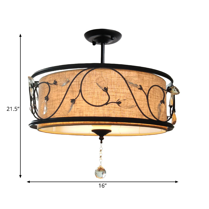 Black Rustic Branch Semi Flush Mount Ceiling Light with Crystal Draping - 4 Lights, 14"/21.5" Dia - Fabric Shade