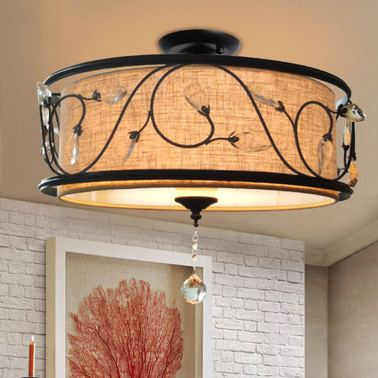 Black Rustic Branch Semi Flush Mount Ceiling Light with Crystal Draping - 4 Lights, 14"/21.5" Dia - Fabric Shade