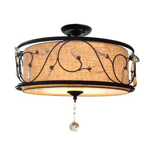 Black Rustic Branch Semi Flush Mount Ceiling Light with Crystal Draping - 4 Lights, 14"/21.5" Dia - Fabric Shade