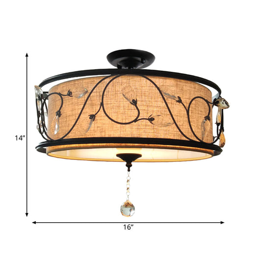 Black Rustic Branch Semi Flush Mount Ceiling Light with Crystal Draping - 4 Lights, 14"/21.5" Dia - Fabric Shade