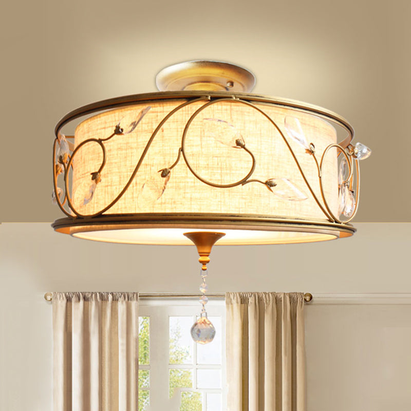 Golden 3-Light Semi Flush Lamp - Traditional Metal Ceiling Light with Crystal Element - 14"/16" Dia