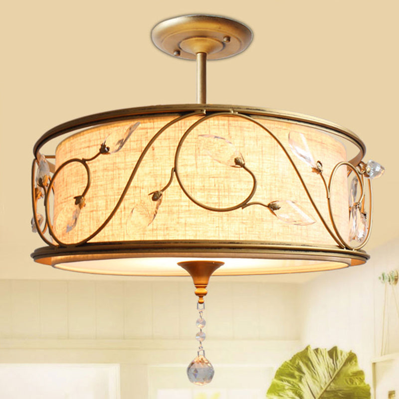 Golden 3-Light Semi Flush Lamp - Traditional Metal Ceiling Light With Crystal Element 14/16 Dia