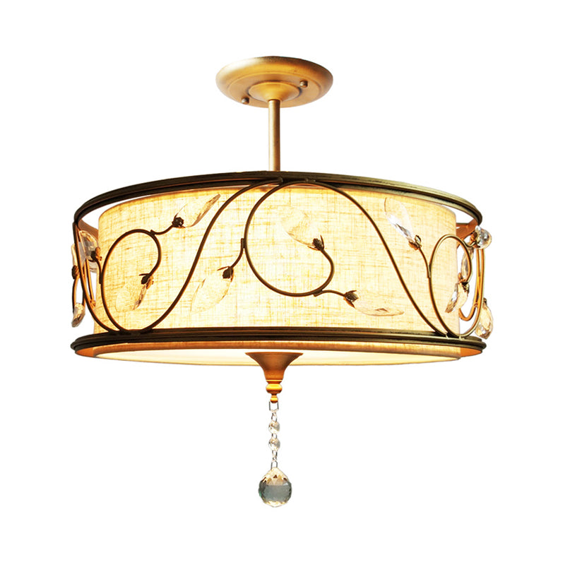 Golden 3-Light Semi Flush Lamp - Traditional Metal Ceiling Light with Crystal Element - 14"/16" Dia